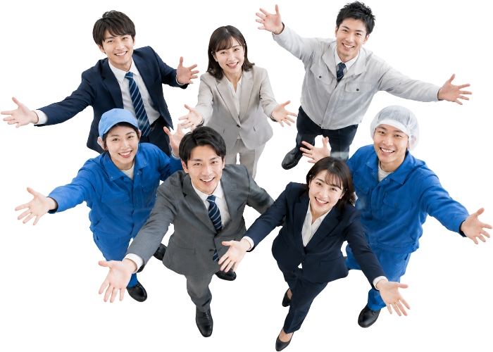 オフィスと製造現場の社員たちが円になって手を広げる様子